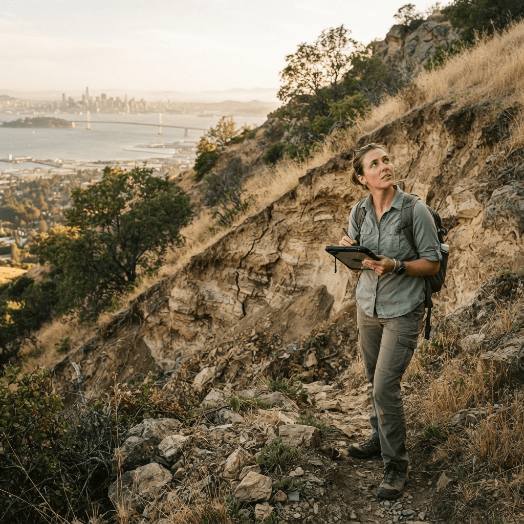 Geologist mapping a landslide-prone hillside in the Oakland Hills
